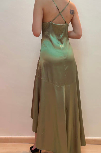 Spaghetti Strap Green Satin Evening Gown High Low Ruffled Party Dress