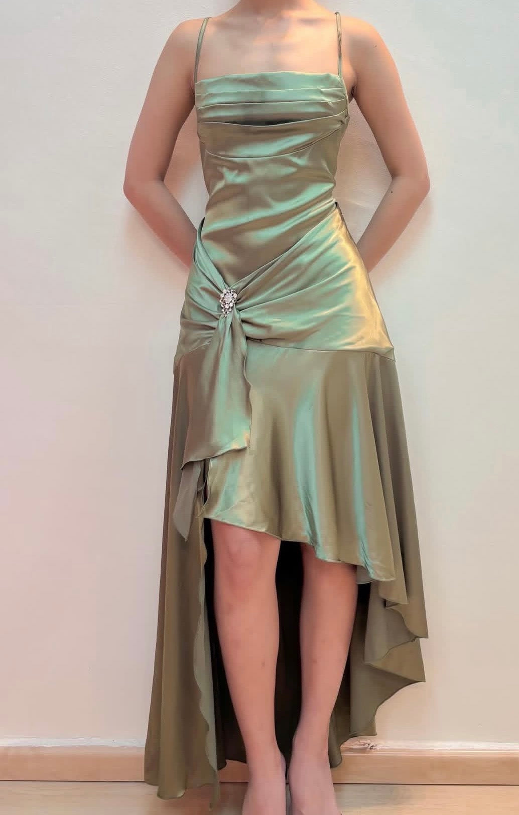Spaghetti Strap Green Satin Evening Gown High Low Ruffled Party Dress