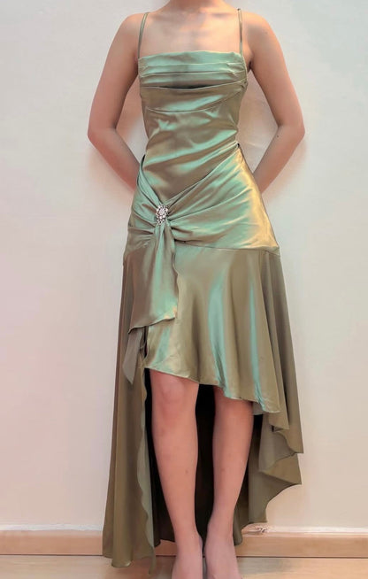 Spaghetti Strap Green Satin Evening Gown High Low Ruffled Party Dress