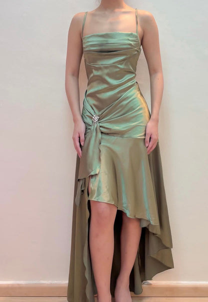 Spaghetti Strap Green Satin Evening Gown High Low Ruffled Party Dress