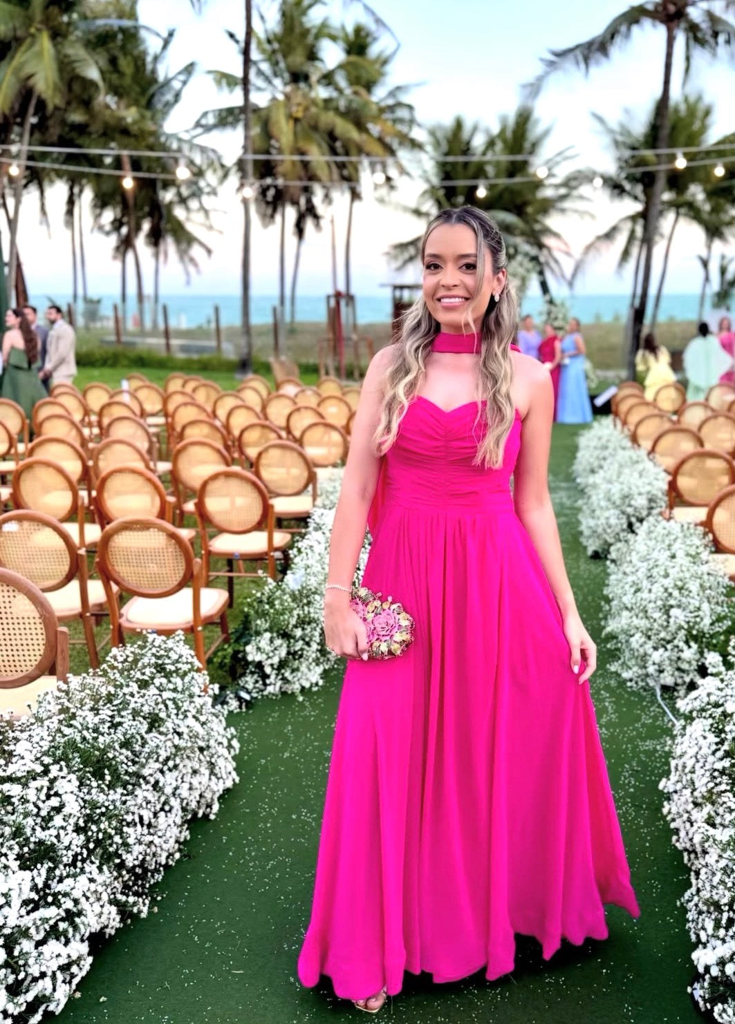 Hot Pink Chiffon Prom Dress A Line Wedding Guest Dress with Scarf