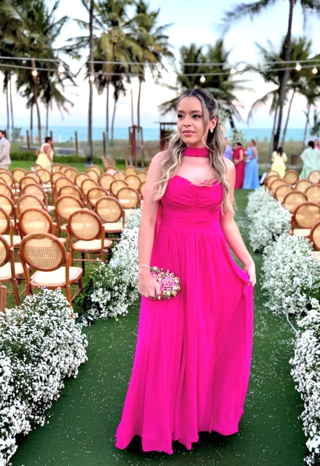 Hot Pink Chiffon Prom Dress A Line Wedding Guest Dress with Scarf