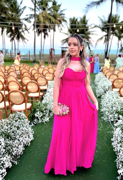 Hot Pink Chiffon Prom Dress A Line Wedding Guest Dress with Scarf