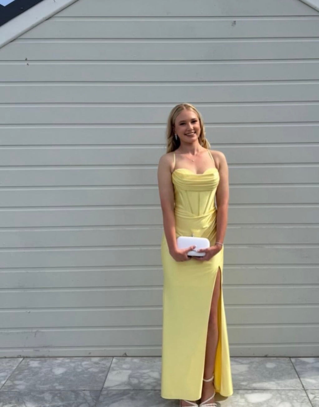 Yellow Sheath Stain Prom Dress Leg Slit Ruched Strappy Evening Gown