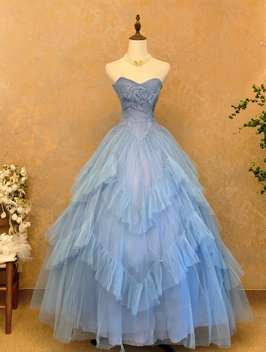 Sweetheart Blue Tulle Lace Sweetheart Layered Blue Long Prom Dress