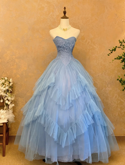 Sweetheart Blue Tulle Lace Sweetheart Layered Blue Long Prom Dress