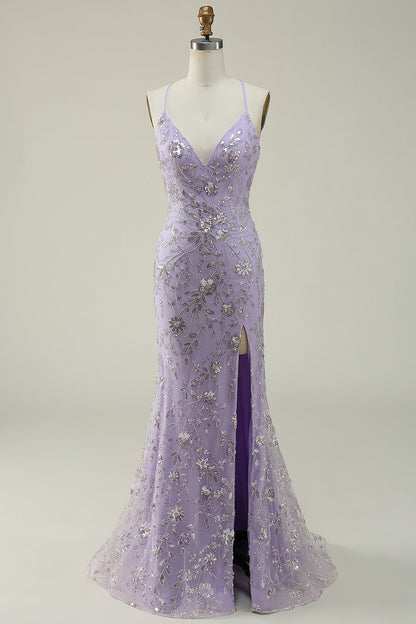 Mermaid Spaghetti Straps Purple Long Prom Dress with Beading V-neck With Slit