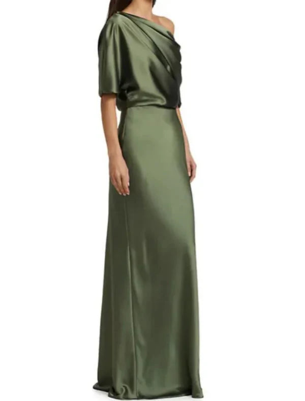 Sheath / Column Mother of the Bride Dress Wedding Guest Elegant Party Off Shoulder Sweep / Brush Train Satin Half Sleeve with Ruching Solid Color