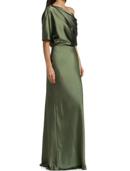 Sheath / Column Mother of the Bride Dress Wedding Guest Elegant Party Off Shoulder Sweep / Brush Train Satin Half Sleeve with Ruching Solid Color