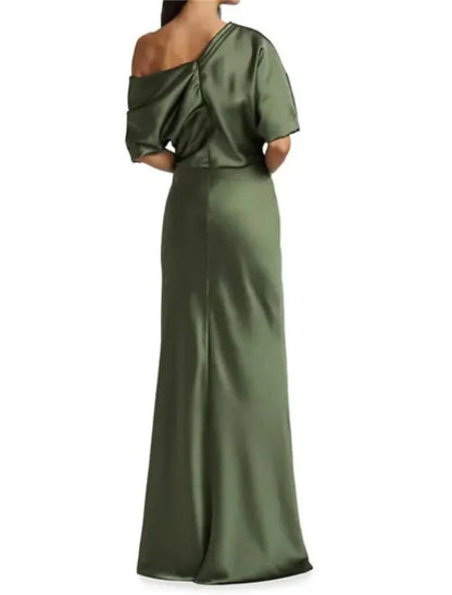 Sheath / Column Mother of the Bride Dress Wedding Guest Elegant Party Off Shoulder Sweep / Brush Train Satin Half Sleeve with Ruching Solid Color