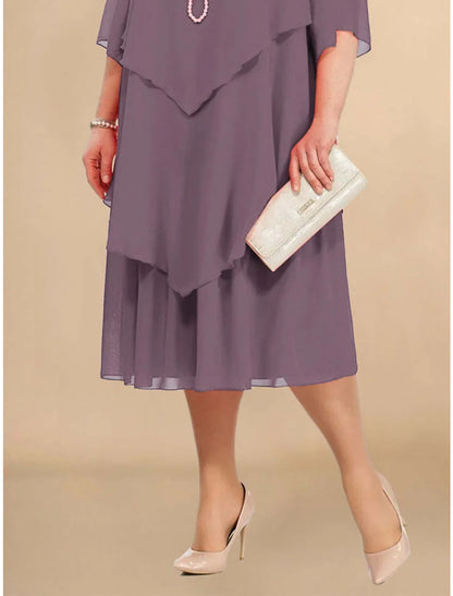 Plus Size Party Dress Layered Crew Neck Half Sleeve Midi Dress Vacation Party Navy / Dark Blue Black Spring Fall Mother of the Bride Dress