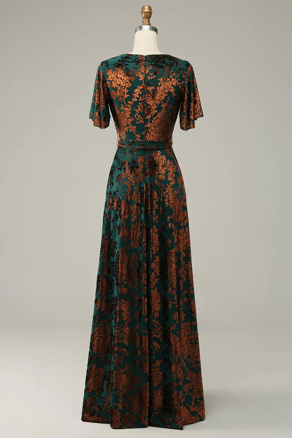 Burnout Velvet V Neck Dark Green Mother of Bride Dress Short Sleeves Elegant Evening Dress
