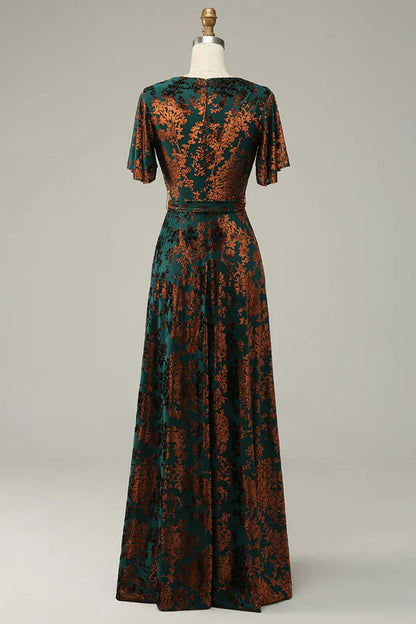 Burnout Velvet V Neck Dark Green Mother of Bride Dress Short Sleeves Elegant Evening Dress