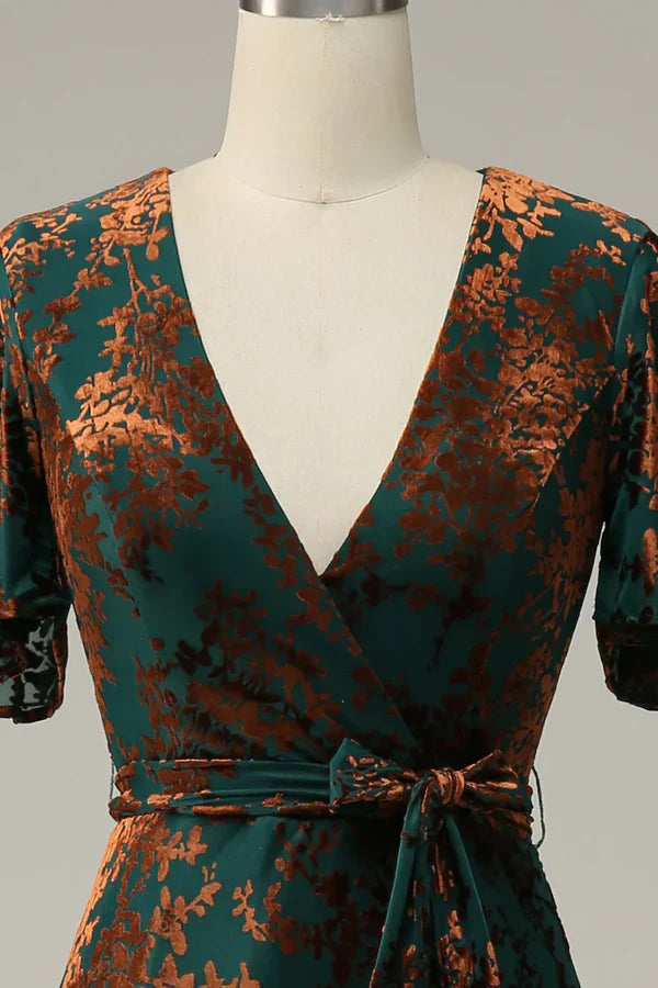 Burnout Velvet V Neck Dark Green Mother of Bride Dress Short Sleeves Elegant Evening Dress