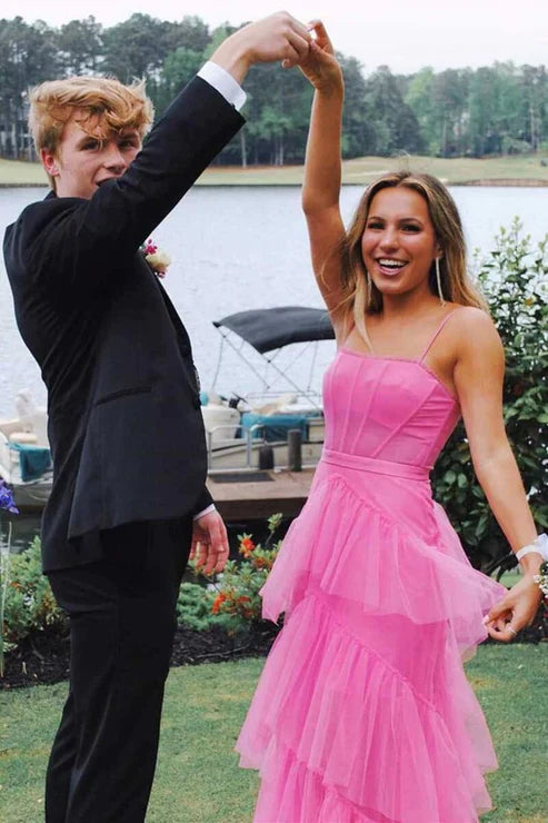 Aimishang Hot Pink Spaghetti Straps Tulle Tired Prom Dress Formal Graduation Party Dresses