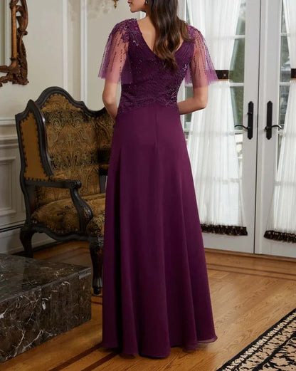 A-Line V-Neck Mother of the Bride Dress Beaded Tulle Evening Dresses Wedding Guest Party Dresses Elegant