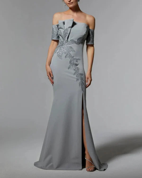 Mermaid Off Shoulder Floor-length Wedding Guest Dresses Sequins Beaded Mother of the Bride Dress With Slit Elegant