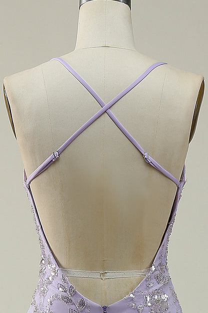 Mermaid Spaghetti Straps Purple Long Prom Dress with Beading V-neck With Slit