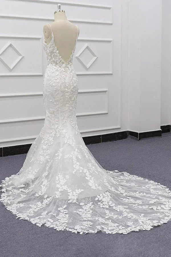 White Tulle Wedding Dress Lace Appliques Spaghetti Straps Mermaid Bridal Dress Open Back