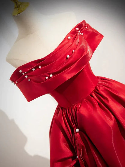 A-Line Off Shoulder Satin Red Ballgown Long Prom Dress Evening Dress Floor Length