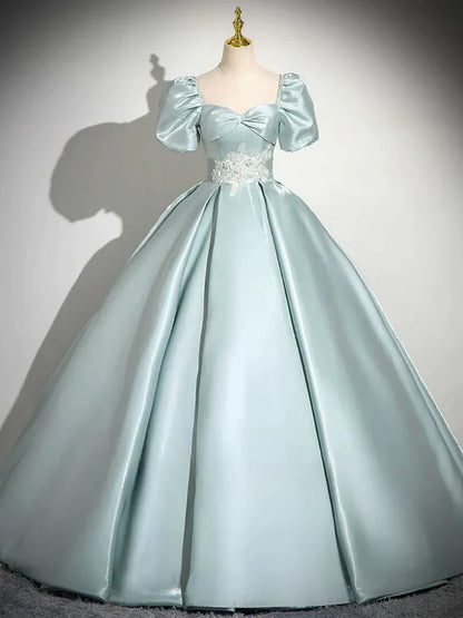 A-Line Sweetheart Neck Puff Sleeves Satin Quinceanera Dress Blue Long Prom Dress Elegant Evening Dress