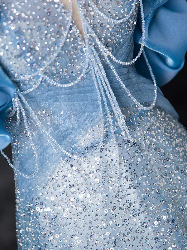 A-Line Off Shoulder Sequin Beads Blue Long Prom Dress Sparkly Evening Dress