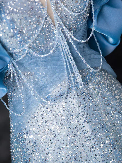 A-Line Off Shoulder Sequin Beads Blue Long Prom Dress Sparkly Evening Dress