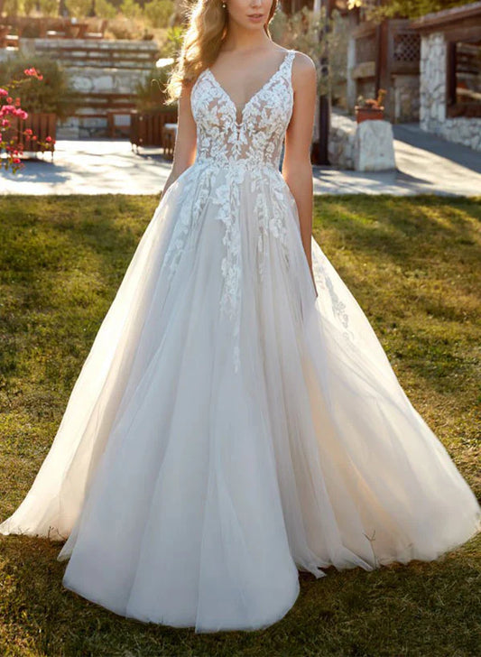 V-Neck Sweep Train Tulle Wedding Dress With Lace Sleeveless Floor Length Elegant