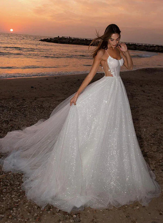 A-Line Scoop Neck Sweep Train Tulle Wedding Dress With Appliques Lace Sparkly