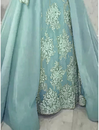 A-Line Mother of the Bride Dress Formal Elegant Party Jewel Neck Sweep / Brush Train Satin Lace Long Sleeve with Pleats  Pastel Green