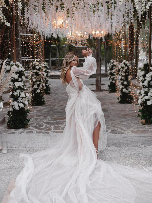A Line Long Sleeves Wedding Gown Soft Tulle Bohemian Wedding Dress V-neck Sexy