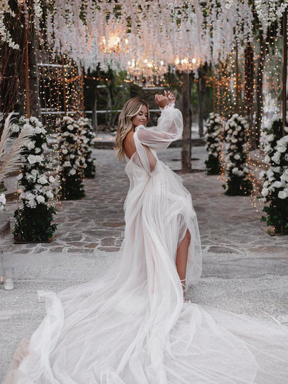 A Line Long Sleeves Wedding Gown Soft Tulle Bohemian Wedding Dress V-neck Sexy