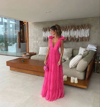 Aimishang A-Line Backless Long Prom Dress V-Neck Formal Gown Charming Evening Dress