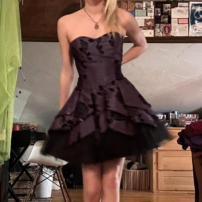 Vintage Satin Tulle Tiered A Line Mini Prom Dress Homecoming Dress cc2550