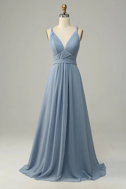 Grey blue deep V-neck A-line long bridesmaid dress