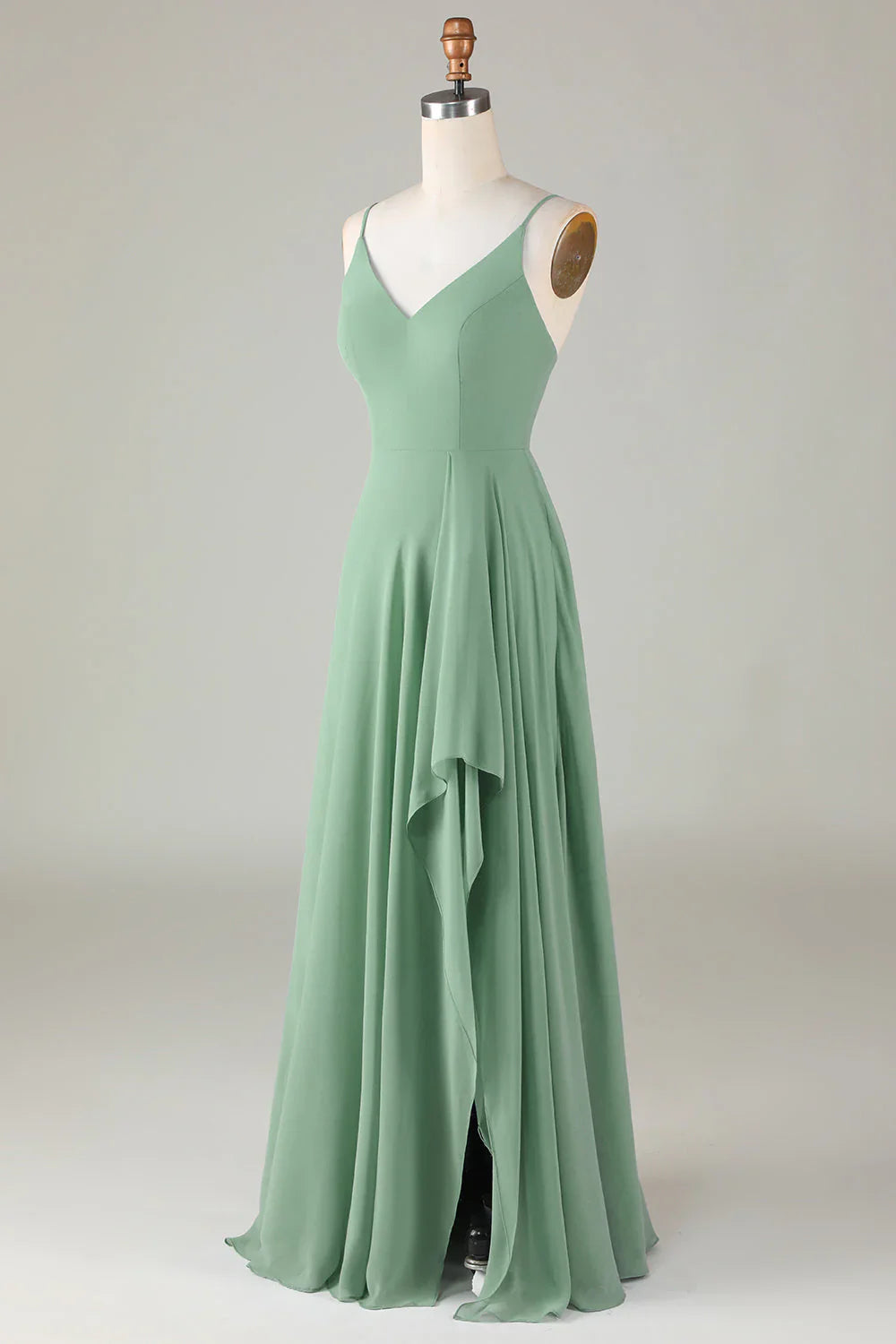 Thin shoulder strap with ruffled edge matcha long bridesmaid dress