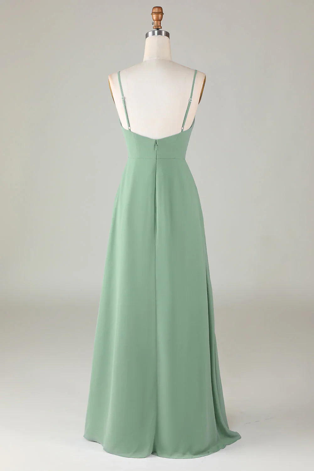 Thin shoulder strap with ruffled edge matcha long bridesmaid dress