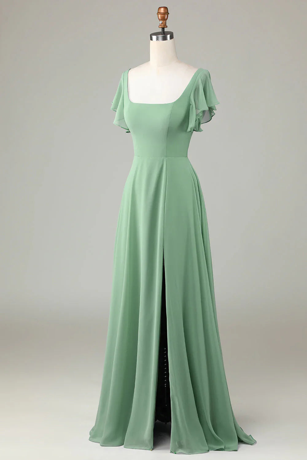 Lotus edge square collar matcha bridesmaid dress
