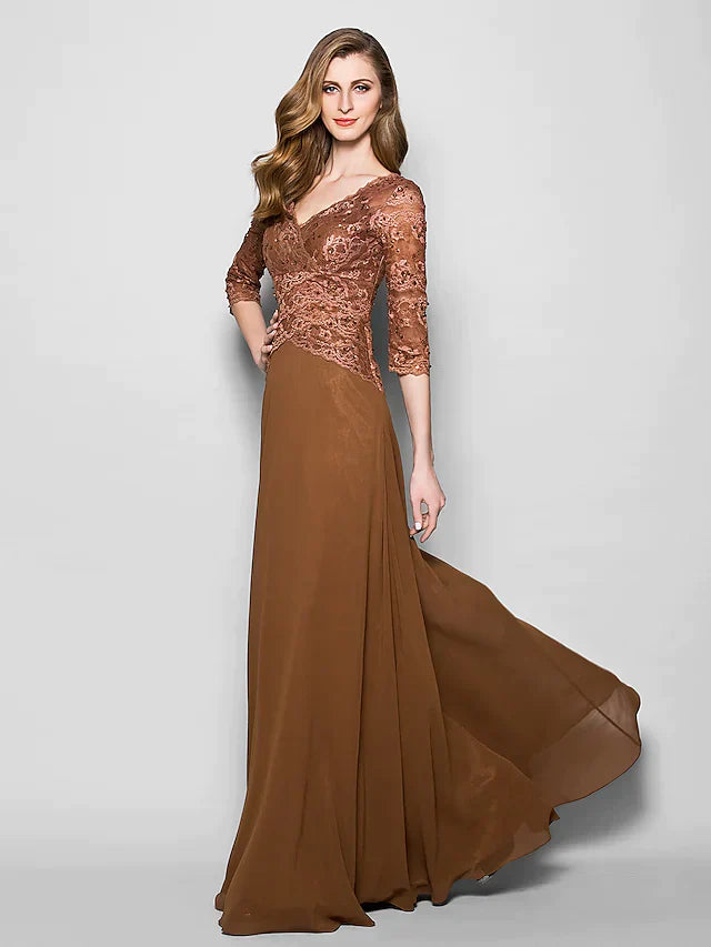 A-Line Mother of the Bride Dress V Neck Floor Length Lace Georgette Length Sleeve with Lace Beading