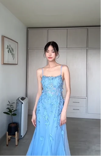 Charming Blue Mermaid Tulle Appliques Evening Dress,Long Prom Party Dress cc2585