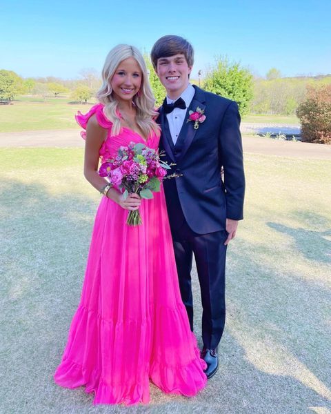 Aimishang Elegant Hot Pink Ruffle Shoulder Long Prom Dress Charming Evening Party Dress Graduation Dress