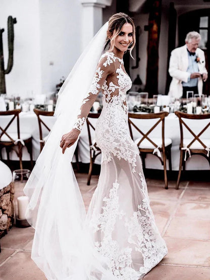 Stunning Bateau Lace Wedding Dresses Sheath Long Sleeves Gowns Floor Length Elegant