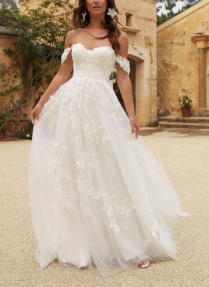 Off-The-Shoulder Tulle Lace Wedding Dress With Appliques Lace Floor Length Elegant