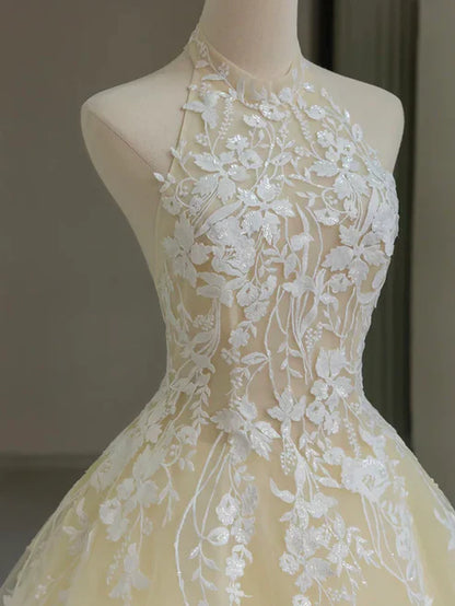Wholesale A Line Halter Lace Tulle Long Sweep Train Prom Dress Evening Dress Charming