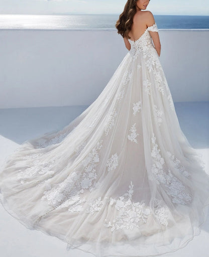 Off-The-Shoulder Ball-Gown Lace Wedding Dresses With Tulle Floor Length Elegant