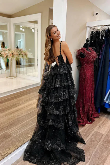Black Sweetheart Tiered Sequin Lace Long Prom Dresses Sparkly Evening Dress With Slit