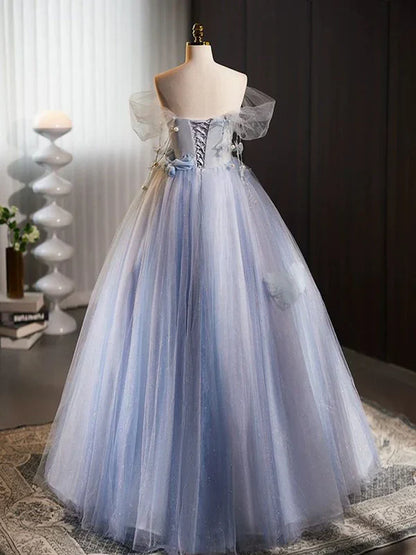 Glitter A-Line Off Shoulder Tulle Flower Quinceanera Dress Blue Long Prom Dress Beautiful