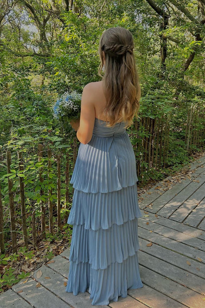 Aimishang Strapless Pink Chiffon Pleated Tiered Maxi Dress Long Prom Dress Charming Evening Party Dress