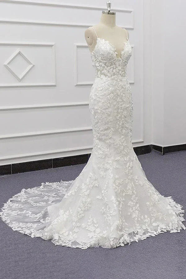 White Tulle Wedding Dress Lace Appliques Spaghetti Straps Mermaid Bridal Dress Open Back