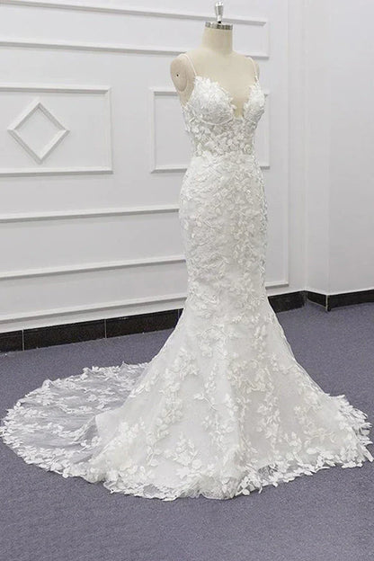 White Tulle Wedding Dress Lace Appliques Spaghetti Straps Mermaid Bridal Dress Open Back